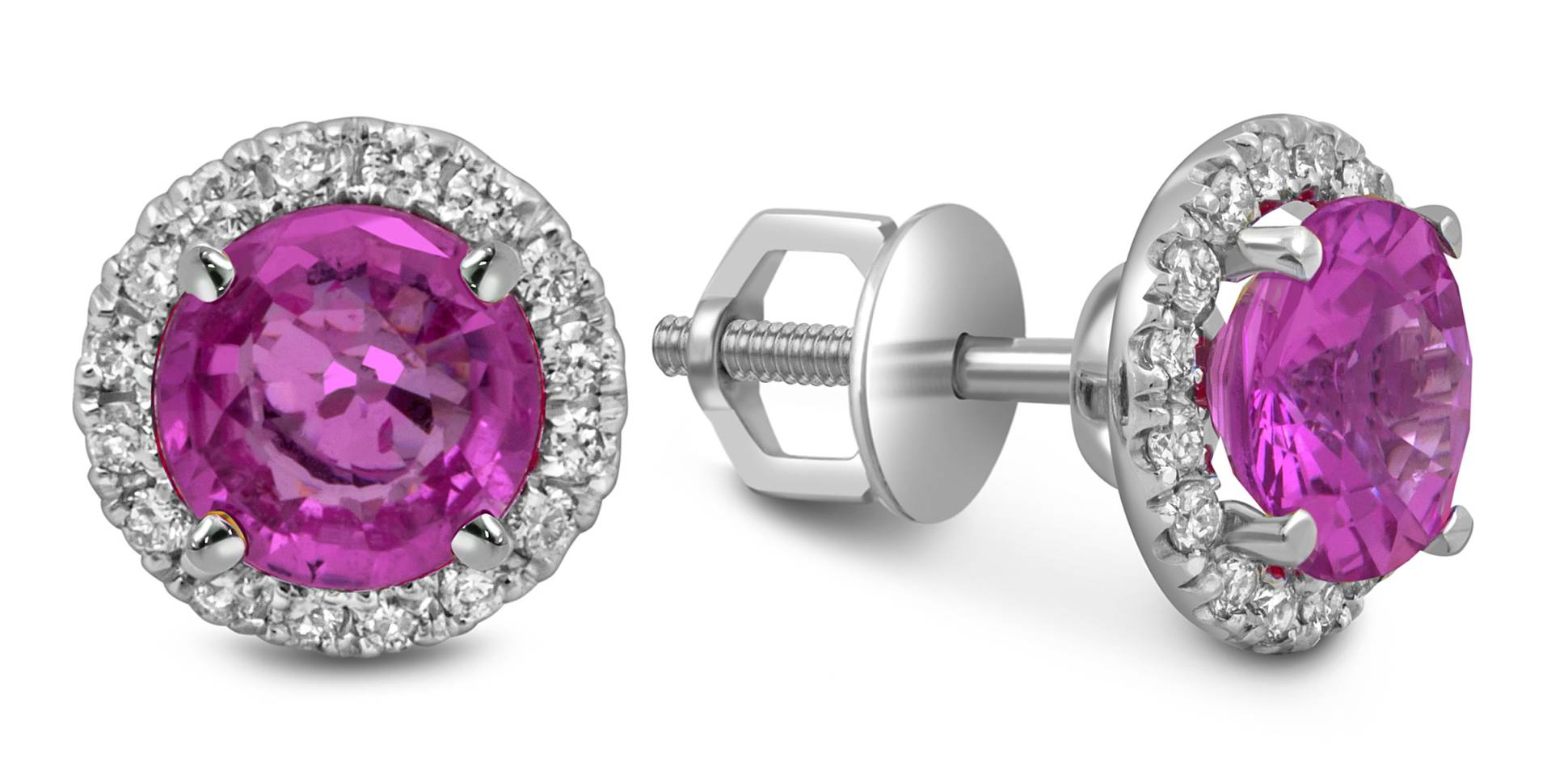 Серьги пусеты из белого золота с бриллиантами и розовыми сапфирами (052503)