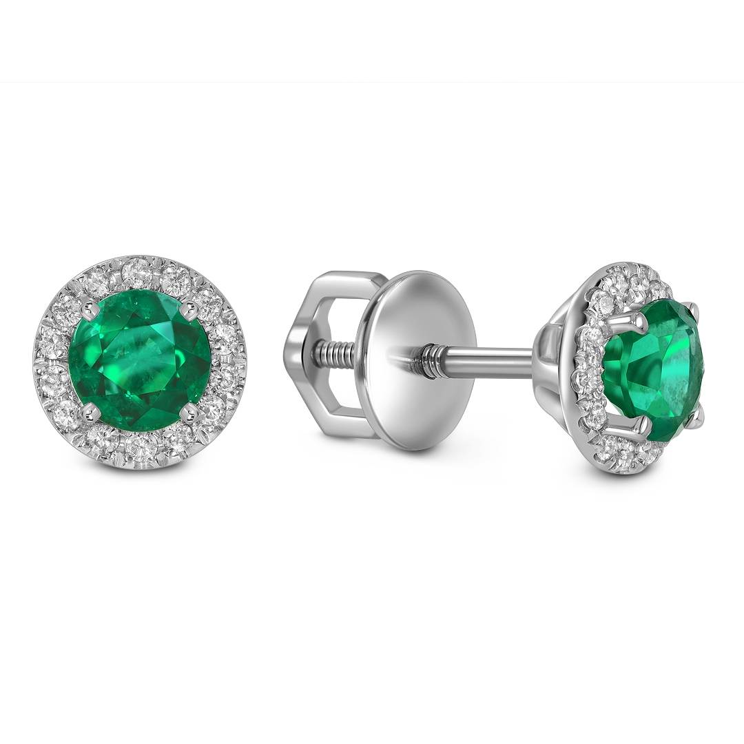 Серьги пусеты из белого золота с бриллиантами и изумрудами (060971)