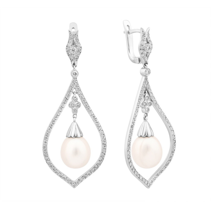 Серьги из белого золота с бриллиантами и жемчугом (002416)