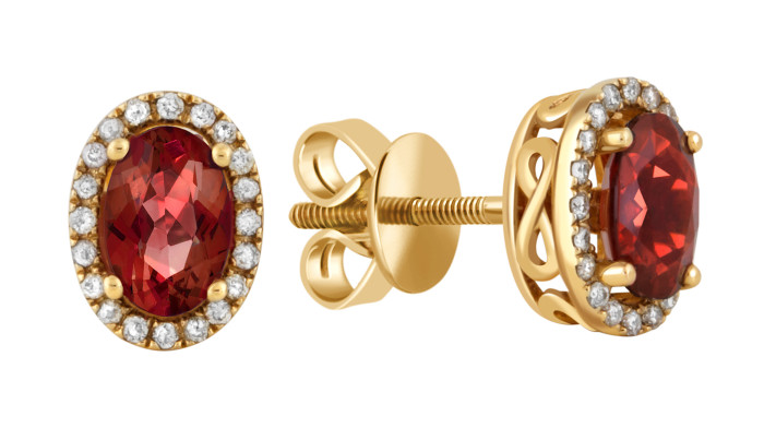 Серьги пусеты из жёлтого золота с бриллиантами и гранатами (022021)