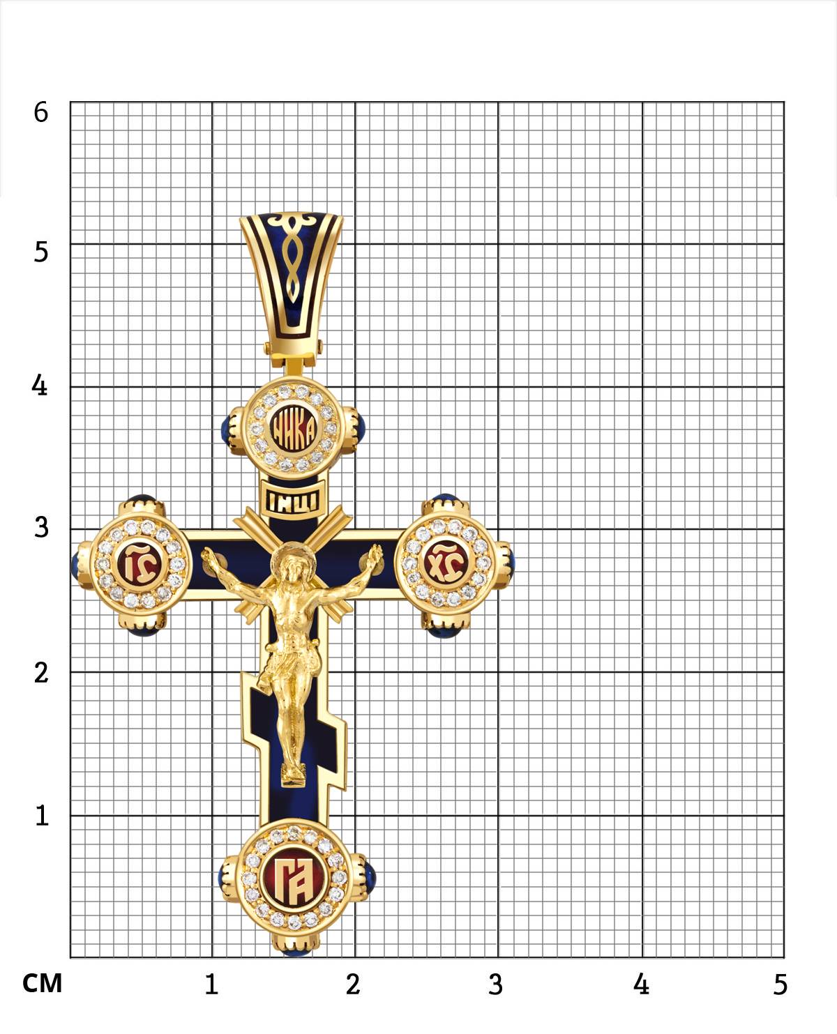 Кулон крест из жёлтого золота с бриллиантами и сапфирами (049367)