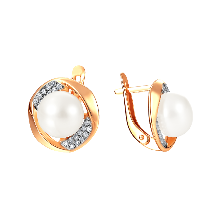 Серьги из красного золота с жемчугом и фианитами (041469)