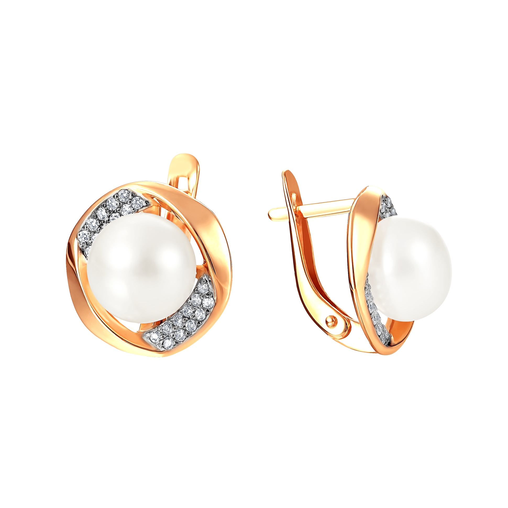 Серьги из красного золота с жемчугом и фианитами (041469)